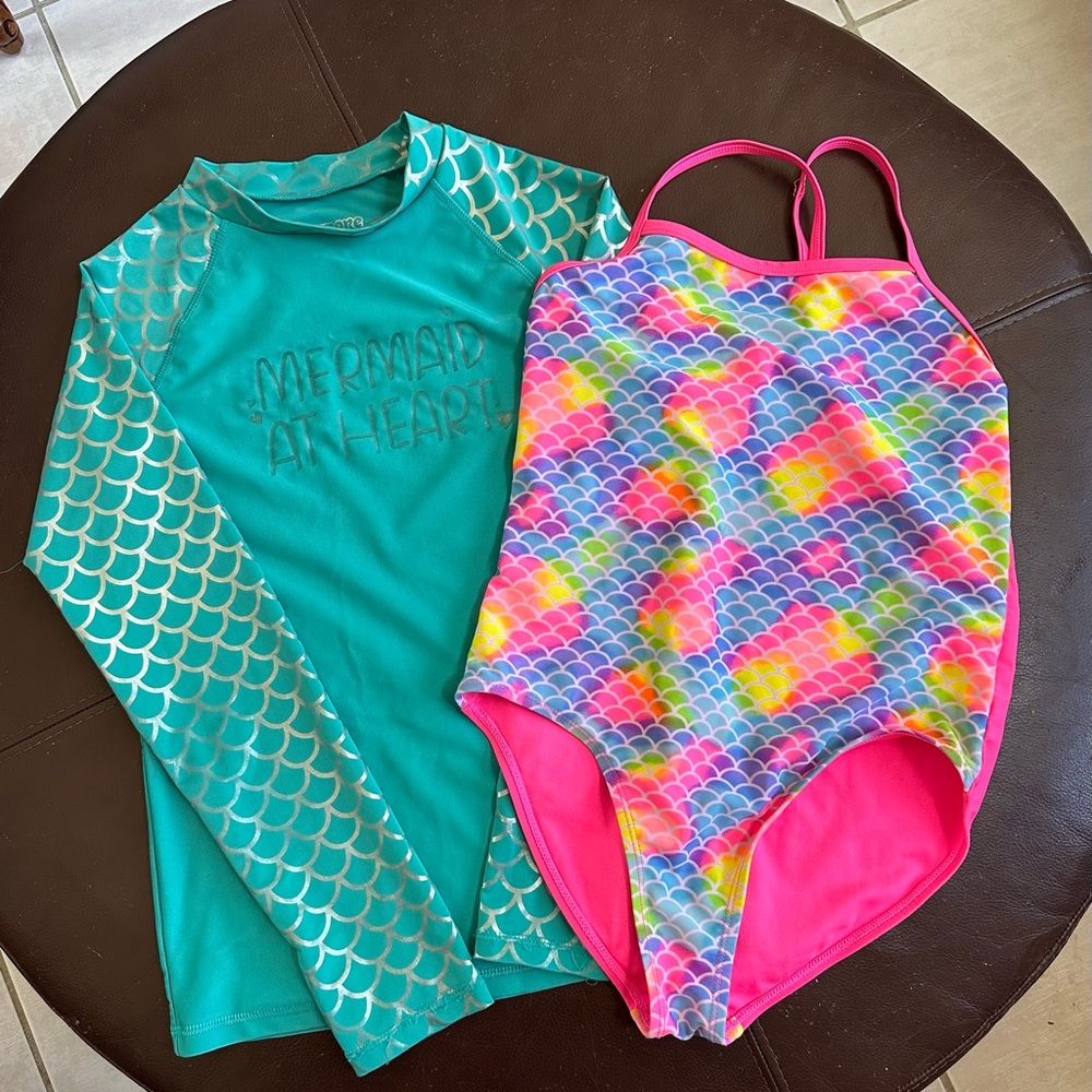 BOGO Girl’s Mermaid Swim Bundle - Rashguard and One Piece Suit. Sz 10/12.